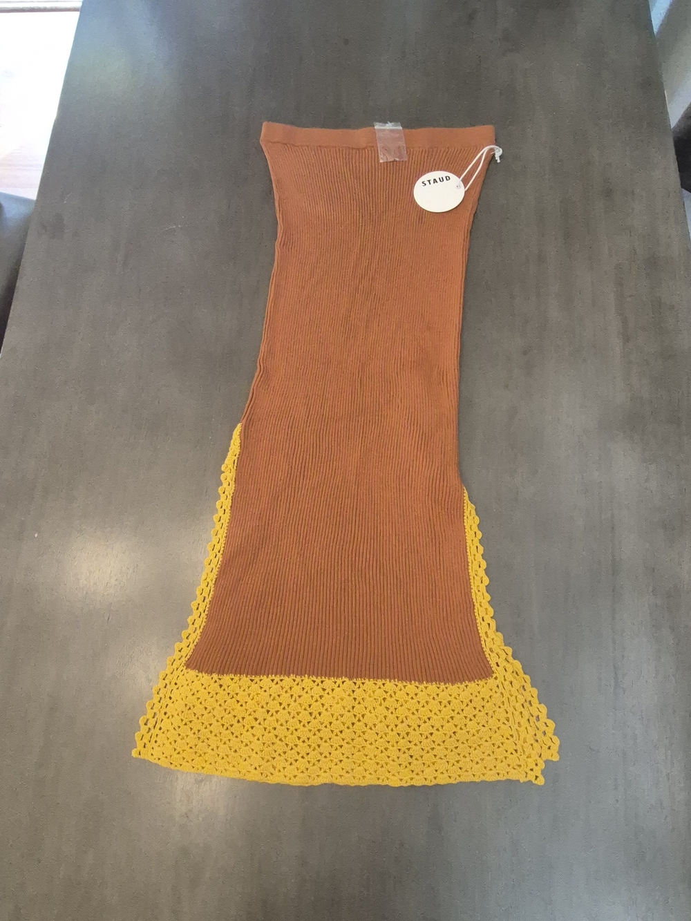 STAUD New Ribbed Knit Lace Pull On Slit Skirt in Rust with Mustard Trim Size S